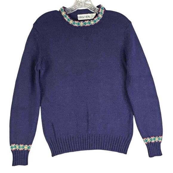 Vintage Point of View Sweater Shetland Wool Knit Navy Blue Long Sleeve Size 38 - Picture 2 of 10